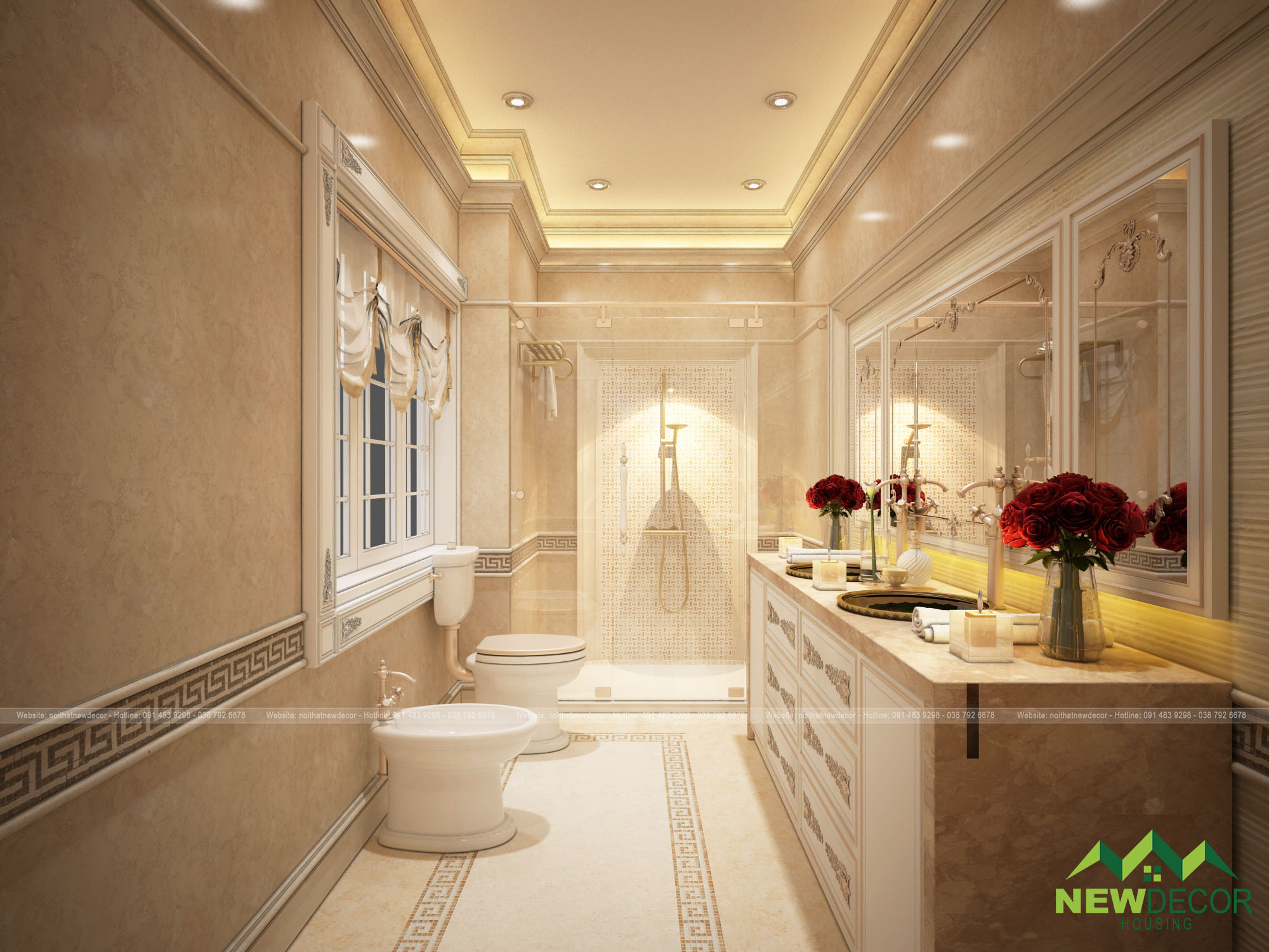Phòng tắm trong thiết kế còn được bài trí thêm hoa hồng sang trọng.