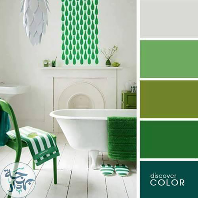 Nội thất phòng tắm với tone trắng, xanh lá là màu chủ đạo
